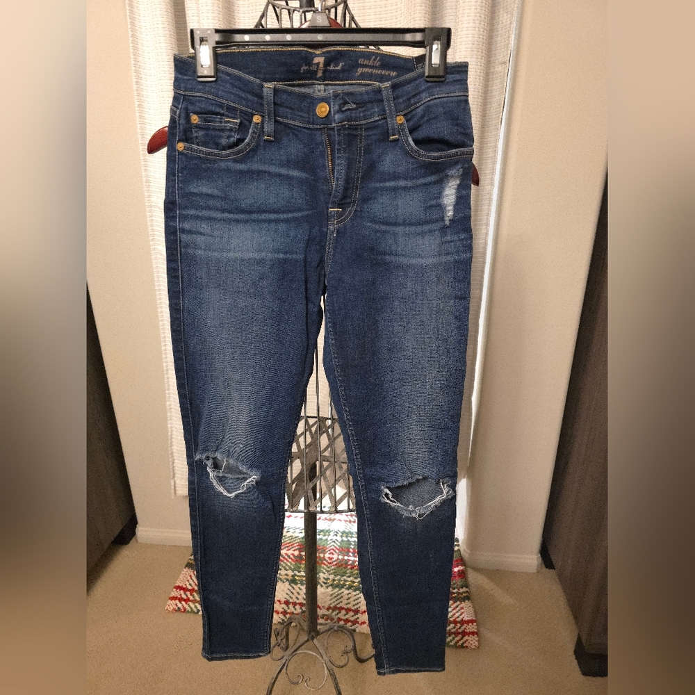 7 For All Mankind Dark Blue Distressed Skinny Jeans